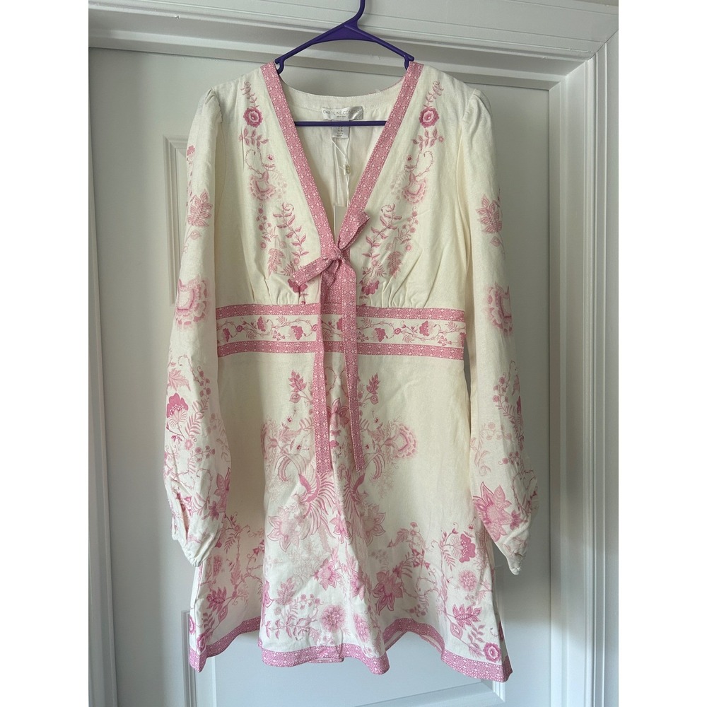 Caroline Constas Pink Toile Floral Linen Blend Mini Tie Front Puff Sleeve M - Picture 2 of 5